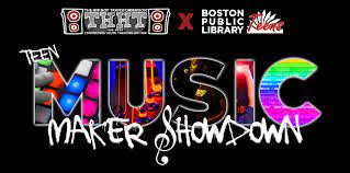 a colorful banner with the words "teen music maker showdown" in a graffiti style on a black background.
